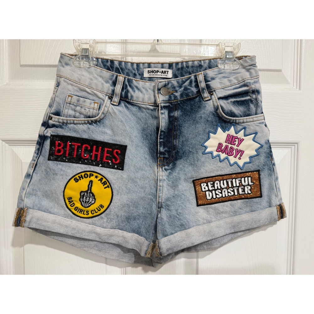 Denim Patch Shorts Blue High Waist Size 28 Distressed